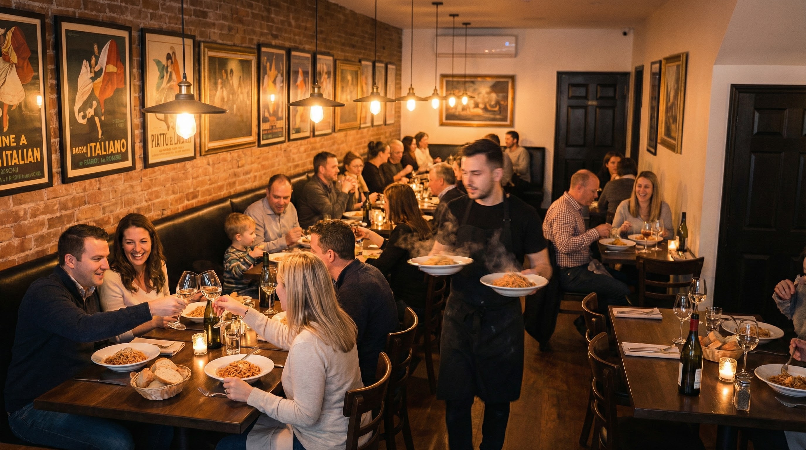 Busy Italian restaurant full of happy customers